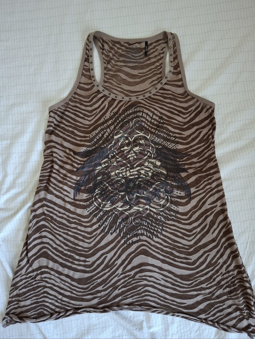 Guess Brown Zebra Print Sleeveless Tank Top with Graphic Detail Size M